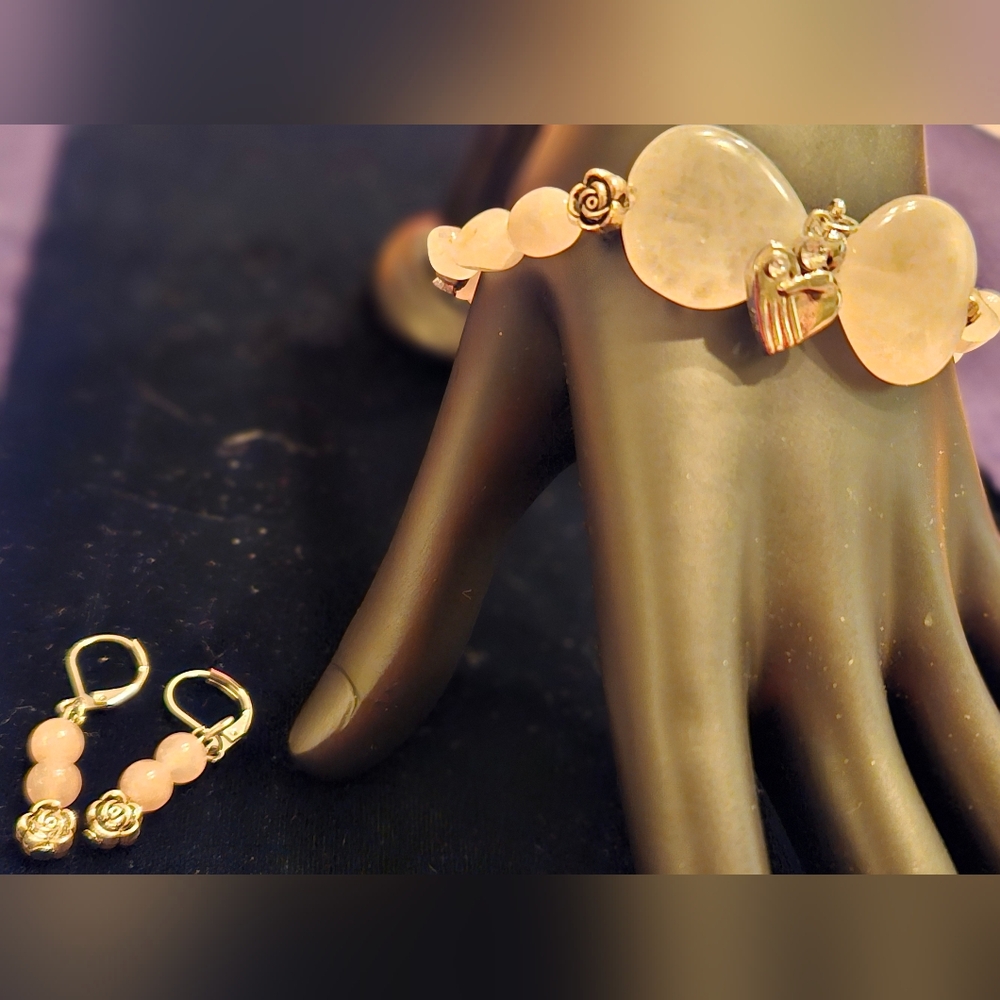 Elegant Geniune Rose Quartz Bracelet and Earring Set